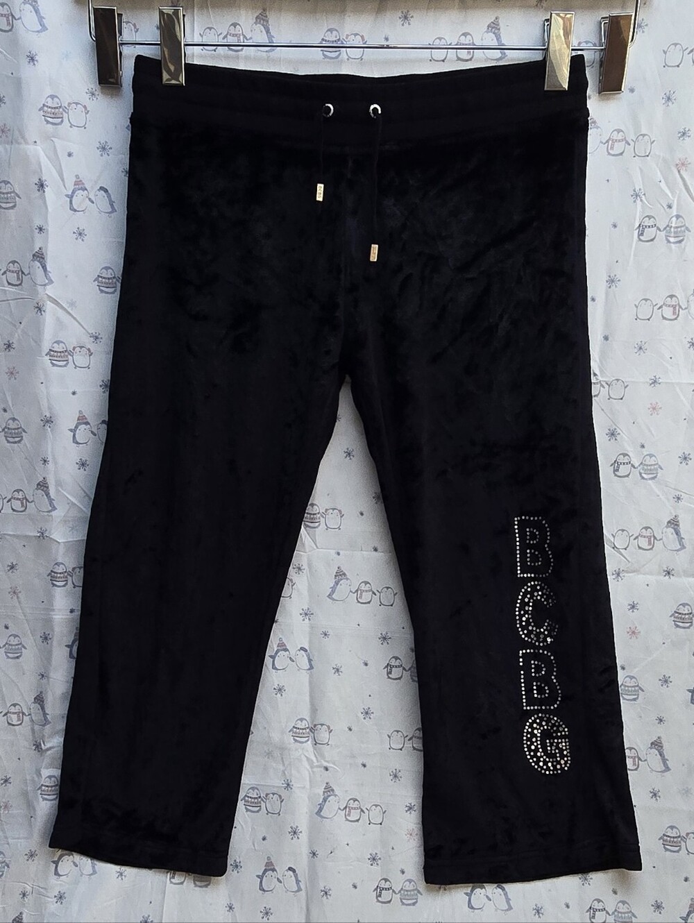BCBG Black Velour Jogger Pants with Rhinestone Logo. Size L